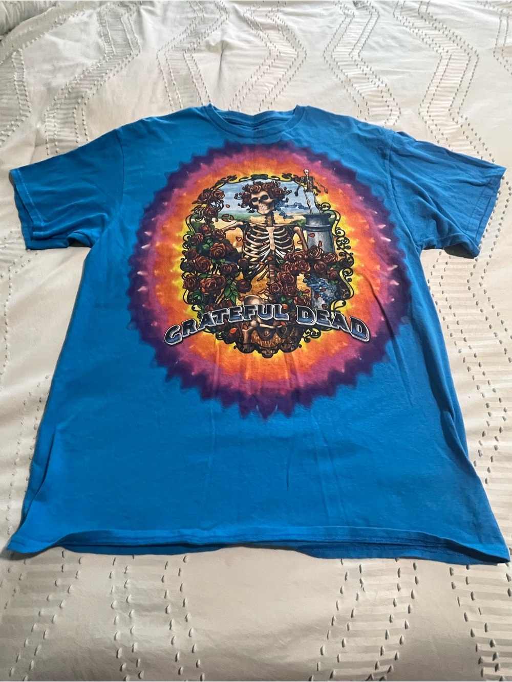 Grateful Dead ‘95 Bertha Skeleton Shirt Liquid Blue Tie Dye Teal Graphics Sz LRG